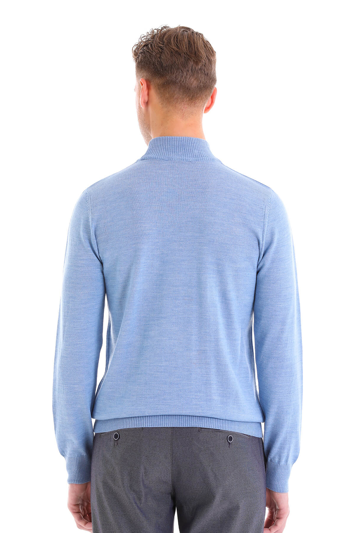 Comfort Fit Wool Blend Blue Mock Neck Sweater - SAYKI