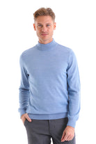 Comfort Fit Wool Blend Blue Mock Neck Sweater - SAYKI