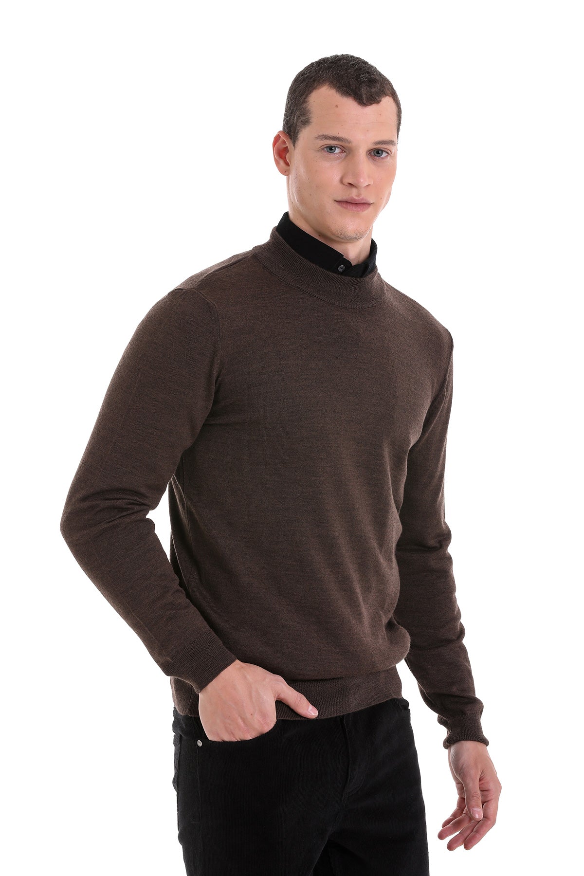 Comfort Fit Wool Blend Brown Mock Neck Sweater - SAYKI