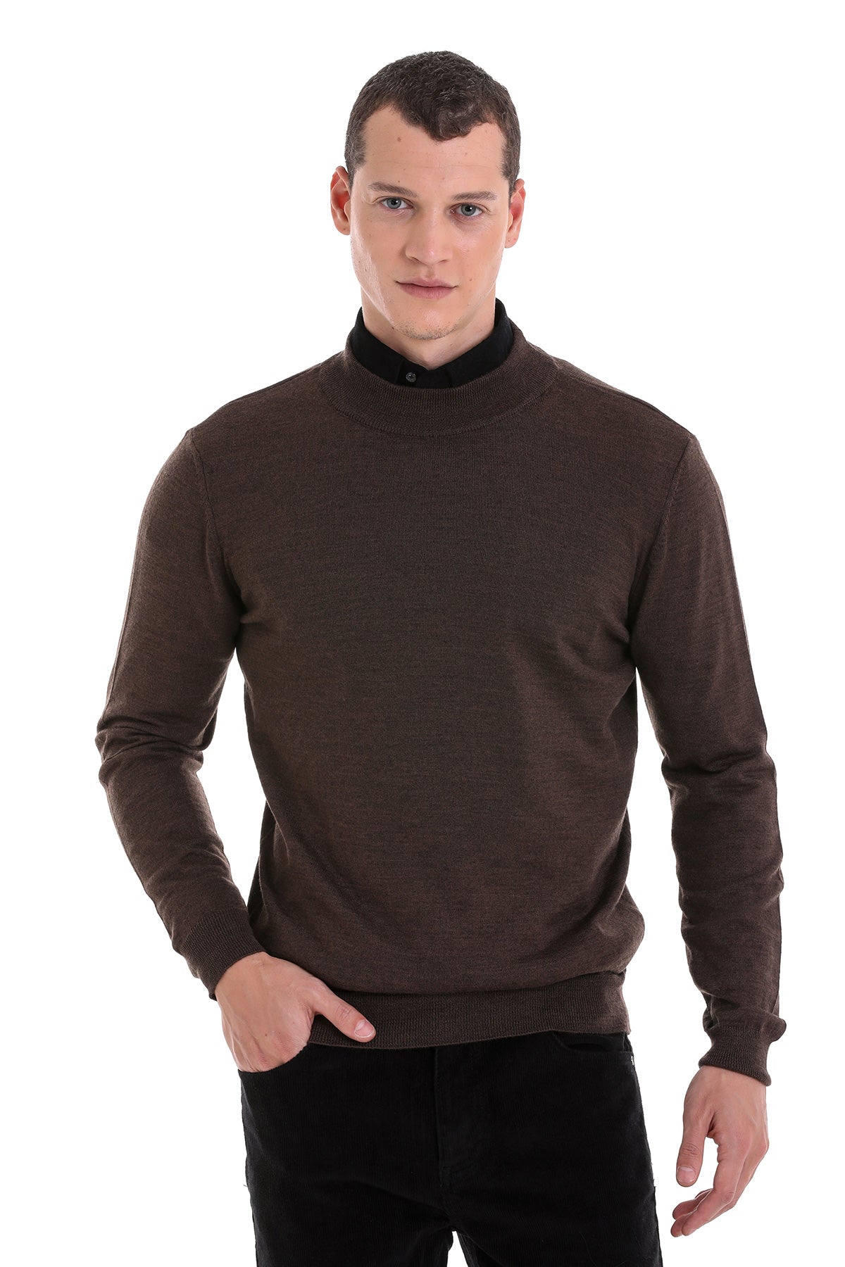 Comfort Fit Wool Blend Brown Mock Neck Sweater - SAYKI