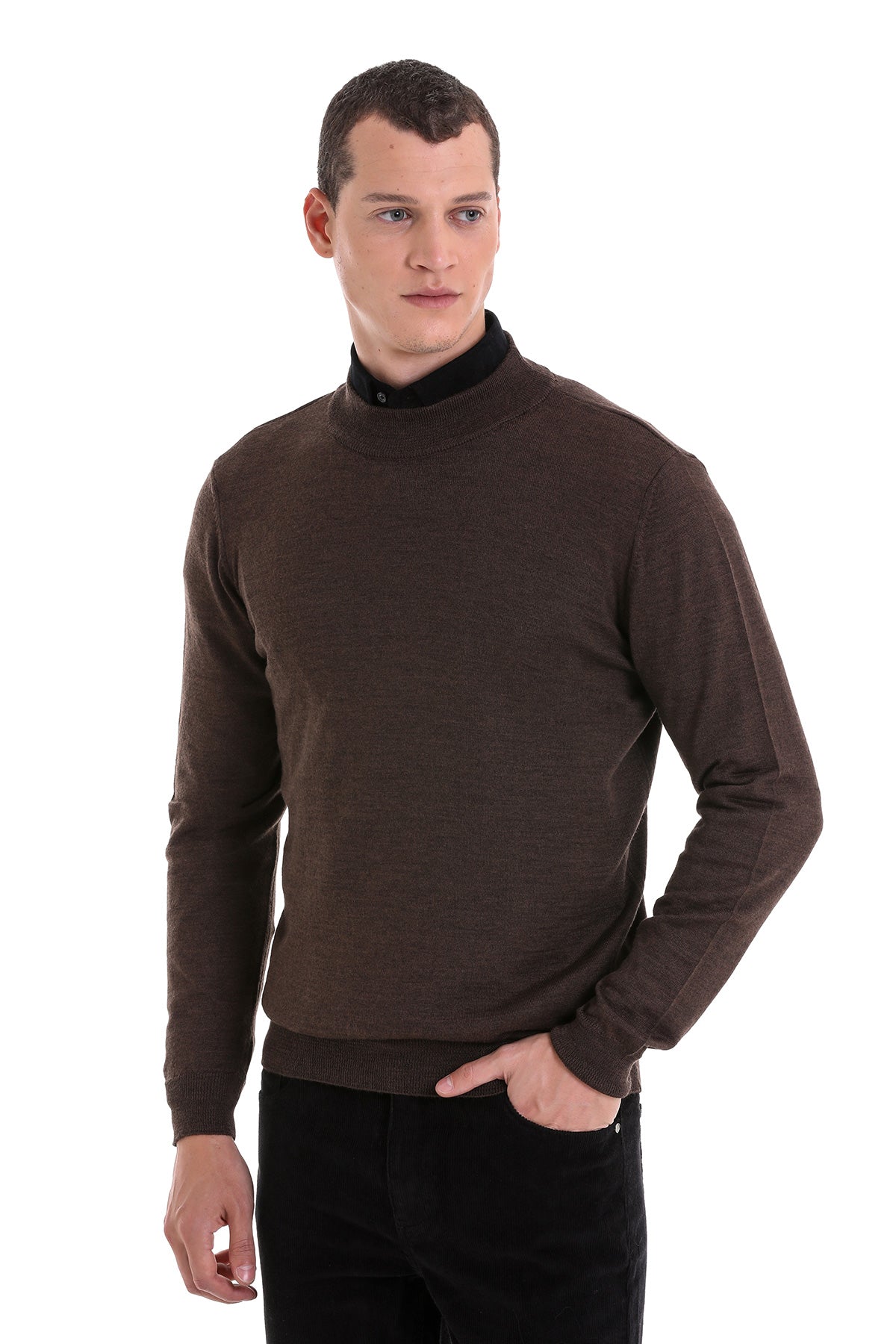 Comfort Fit Wool Blend Brown Mock Neck Sweater - SAYKI