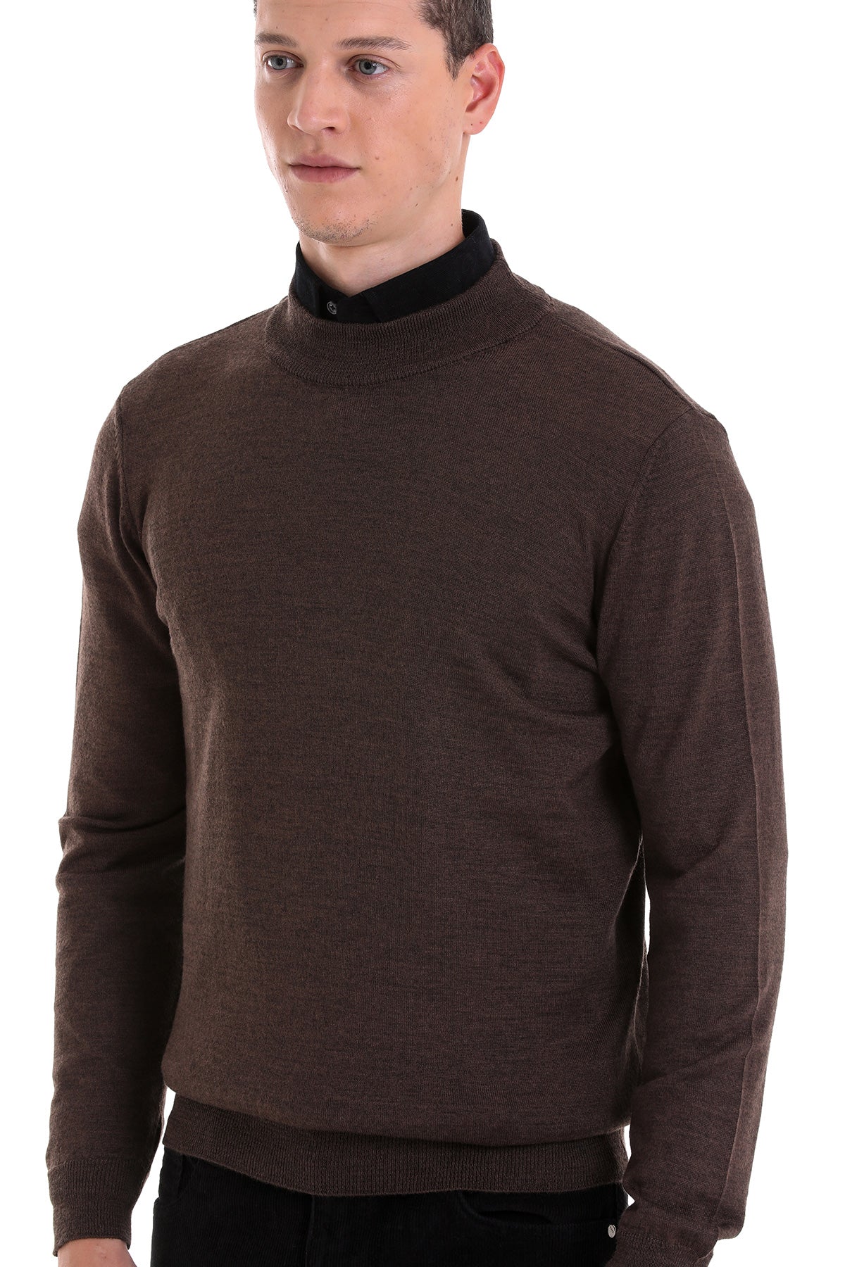 Comfort Fit Wool Blend Brown Mock Neck Sweater - SAYKI