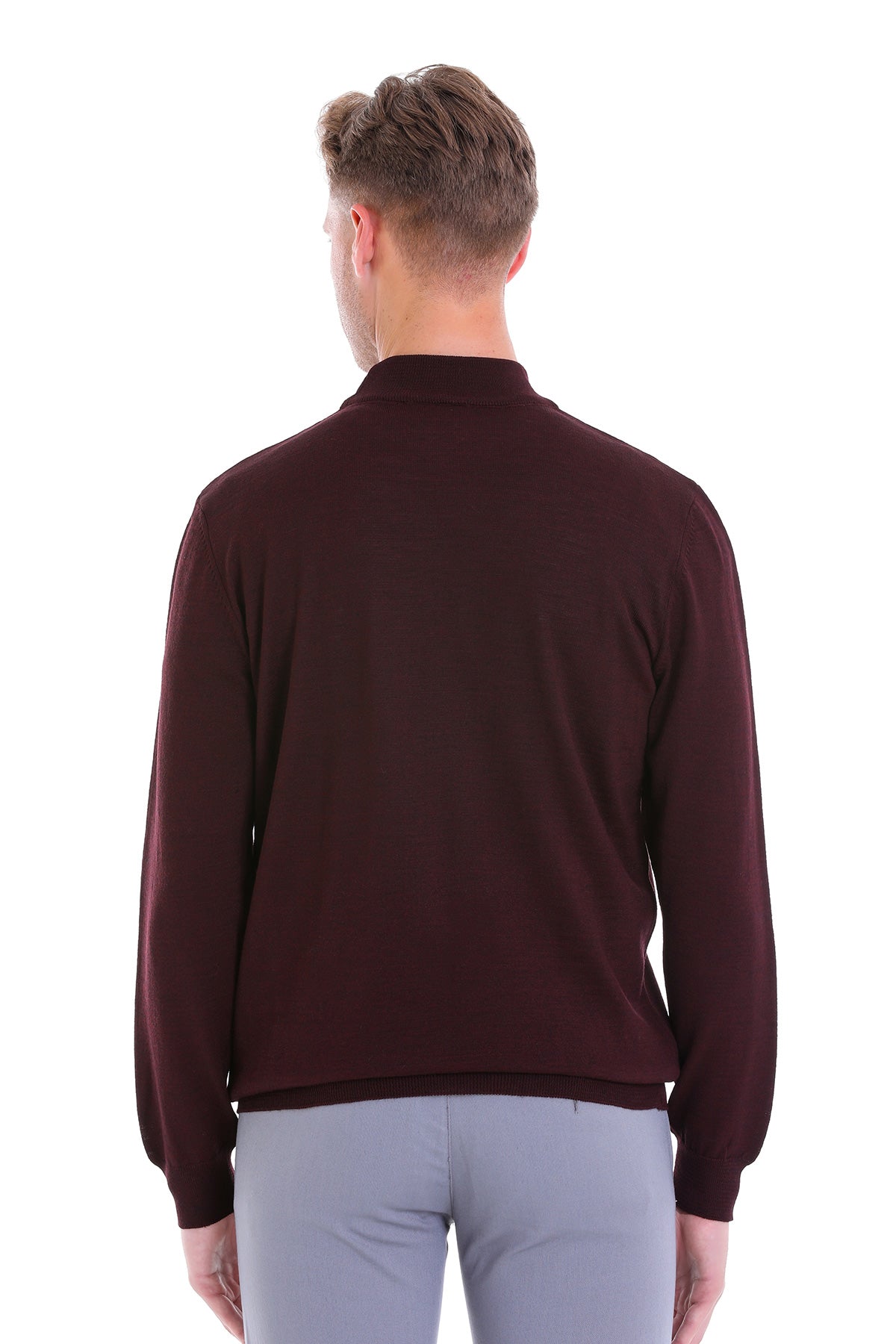 Comfort Fit Wool Blend Burgundy Mock Neck Sweater - SAYKI