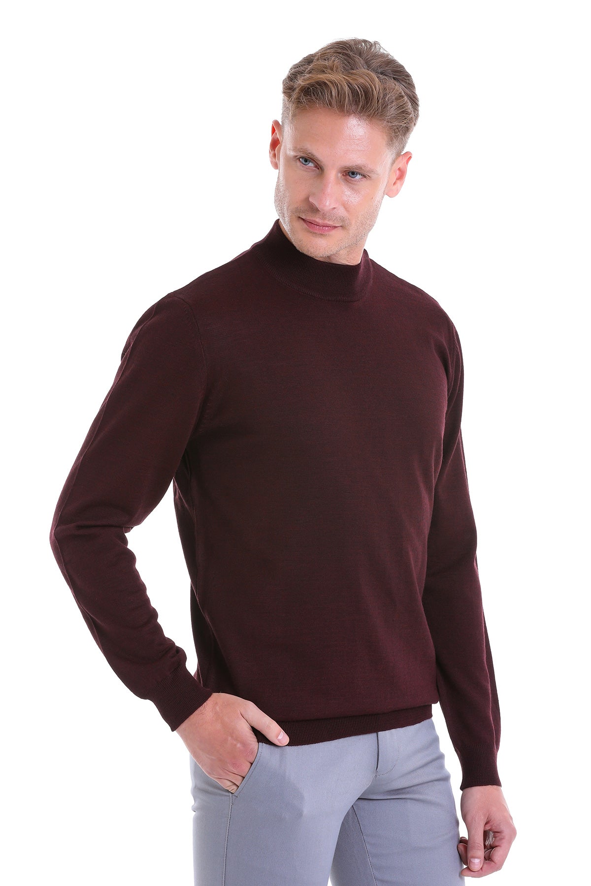 Comfort Fit Wool Blend Burgundy Mock Neck Sweater - SAYKI