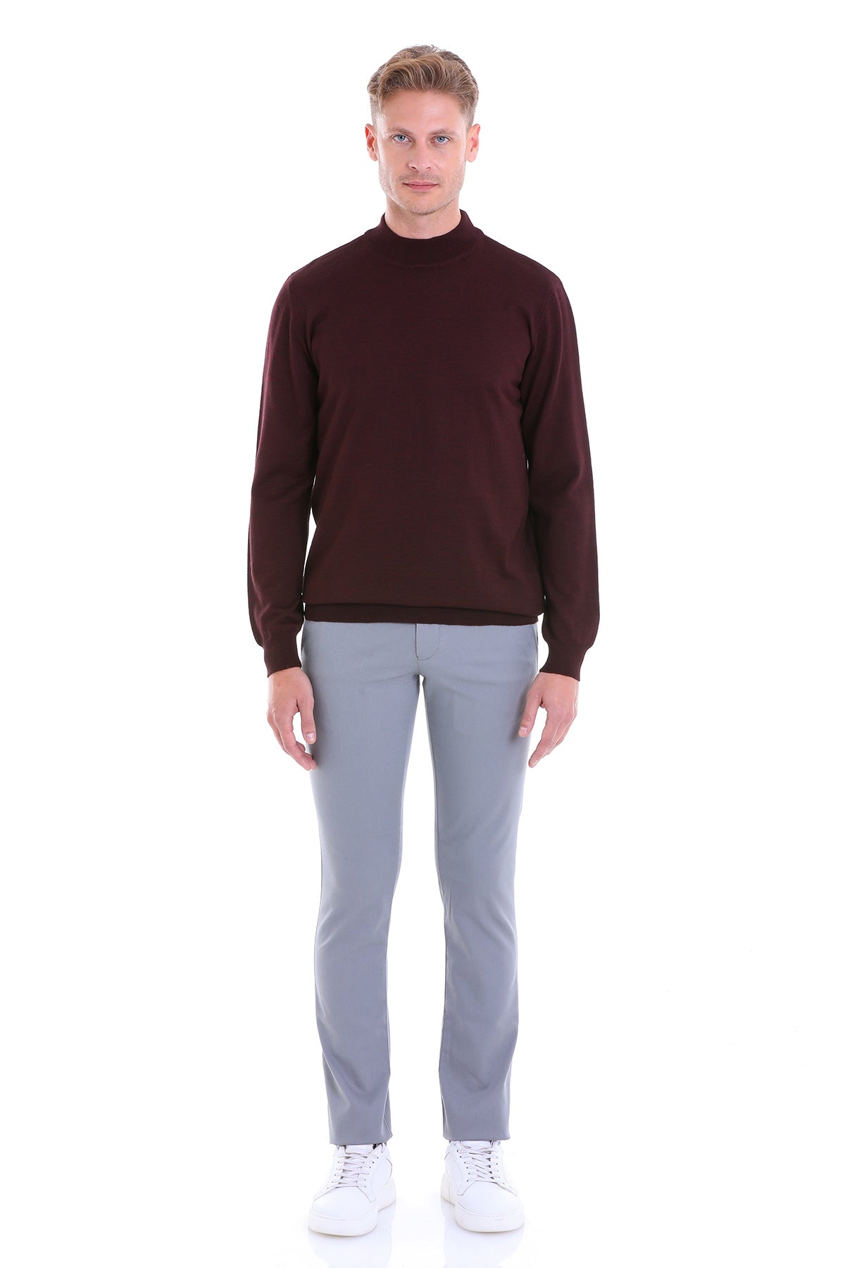 Comfort Fit Wool Blend Burgundy Mock Neck Sweater - SAYKI