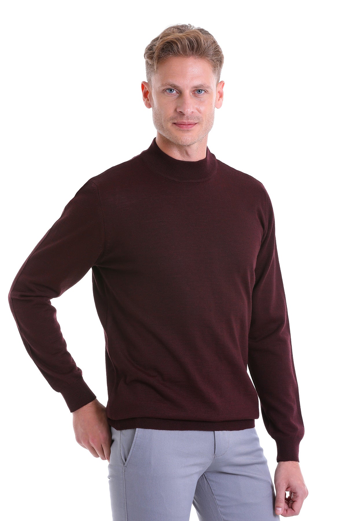 Comfort Fit Wool Blend Burgundy Mock Neck Sweater - SAYKI