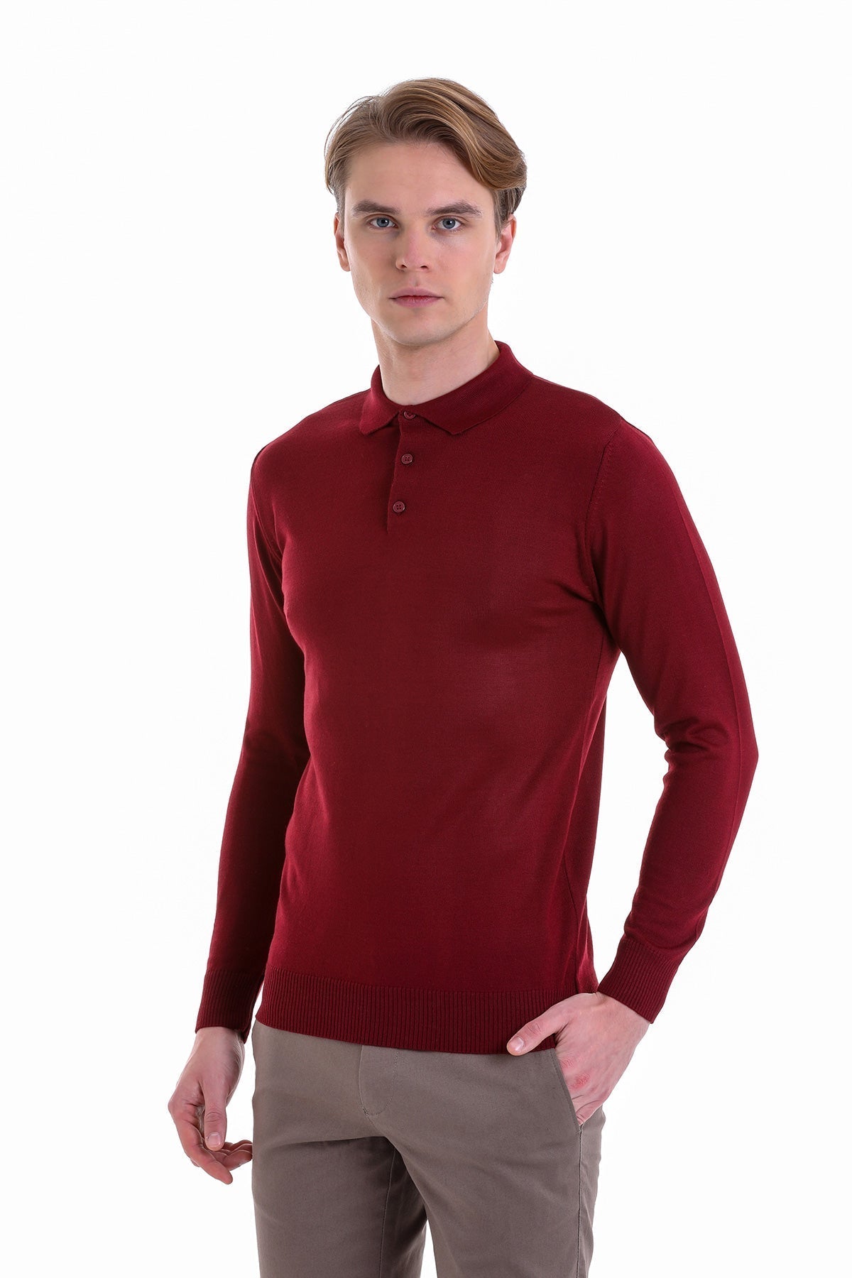 Comfort Fit Wool Blend Burgundy Polo Sweater - MIB