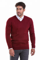 Comfort Fit Wool Blend Burgundy V-Neck Sweater - MIB