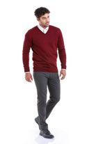 Comfort Fit Wool Blend Burgundy V-Neck Sweater - MIB