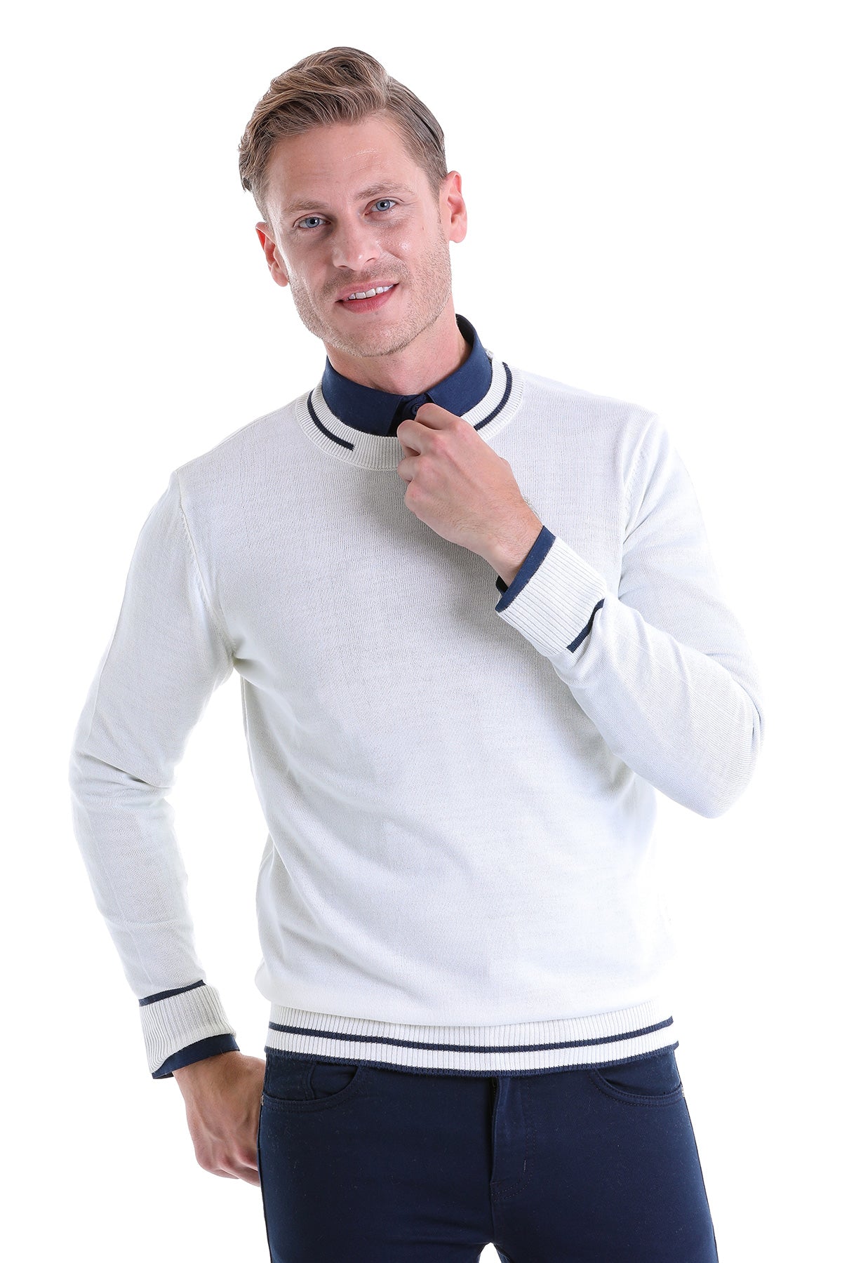 Comfort Fit Wool Blend Ecru Crewneck Sweater - SAYKI