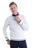 Comfort Fit Wool Blend Ecru Crewneck Sweater - SAYKI