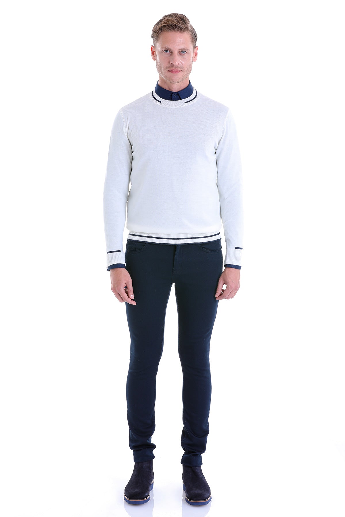 Comfort Fit Wool Blend Ecru Crewneck Sweater - SAYKI