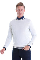 Comfort Fit Wool Blend Ecru Crewneck Sweater - SAYKI