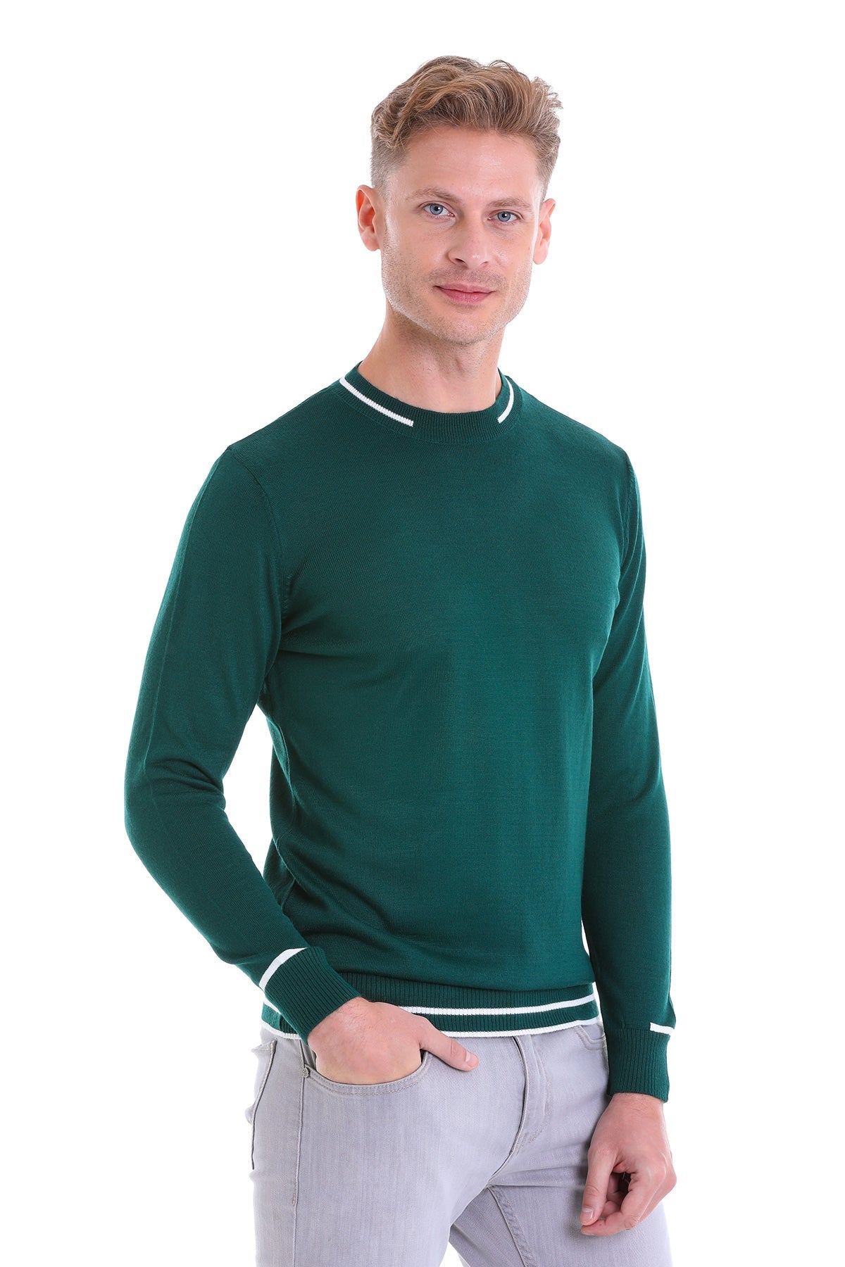 Comfort Fit Wool Blend Enamel Blue Crewneck Sweater - SAYKI