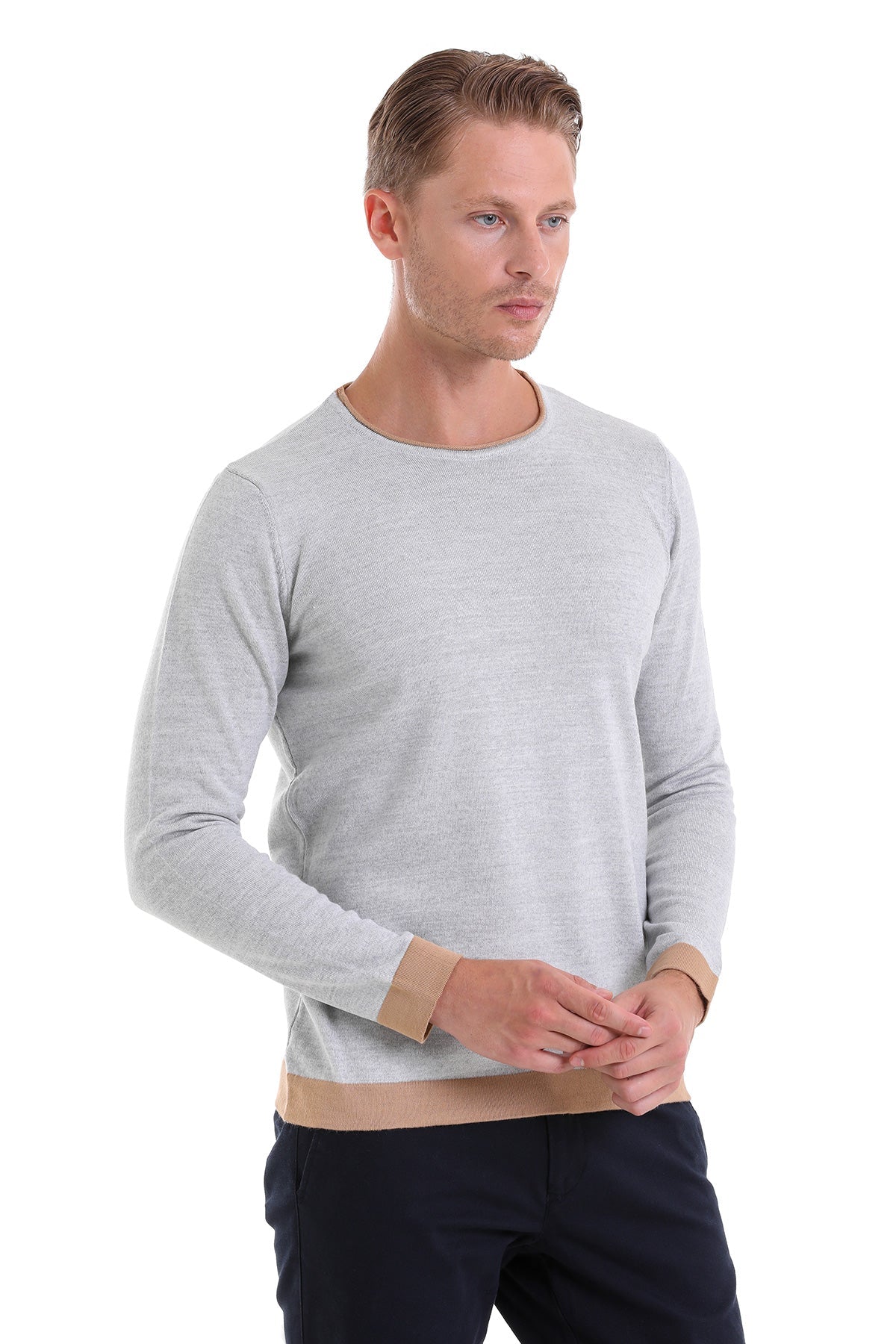 Comfort Fit Wool Blend Gray Crewneck Sweater - SAYKI