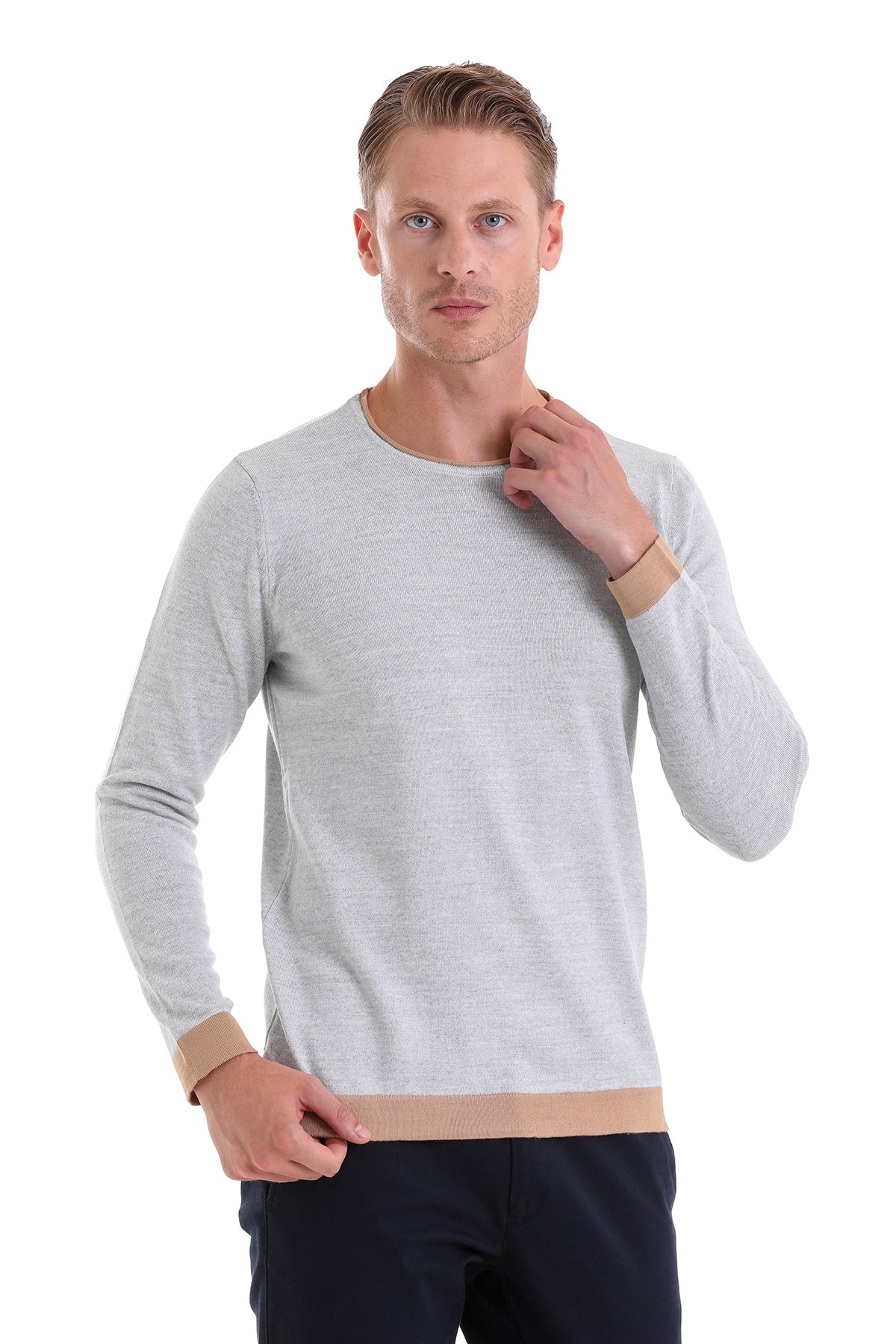 Comfort Fit Wool Blend Gray Crewneck Sweater - SAYKI