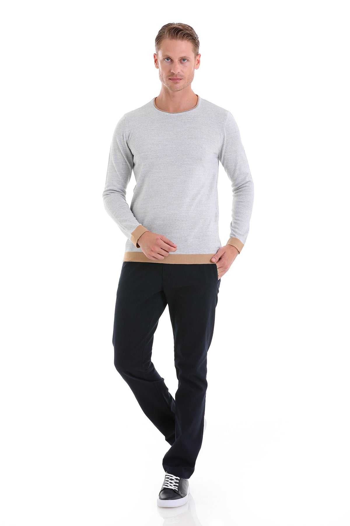 Comfort Fit Wool Blend Gray Crewneck Sweater - SAYKI