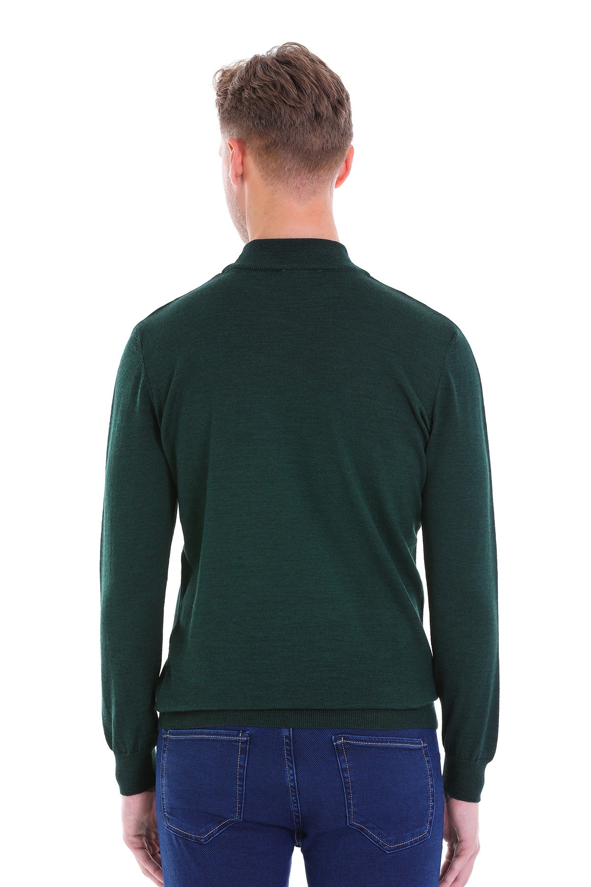 Comfort Fit Wool Blend Green Mock Neck Sweater - SAYKI