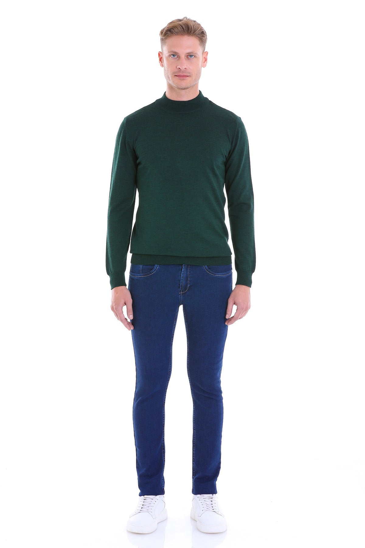 Comfort Fit Wool Blend Green Mock Neck Sweater - SAYKI