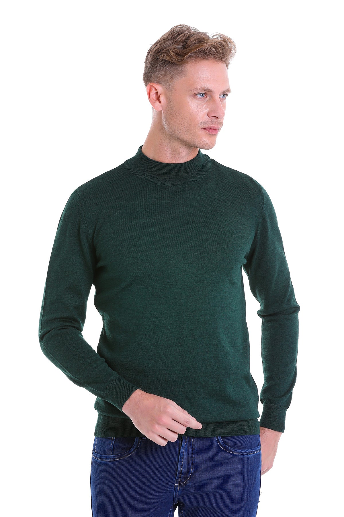 Comfort Fit Wool Blend Green Mock Neck Sweater - SAYKI