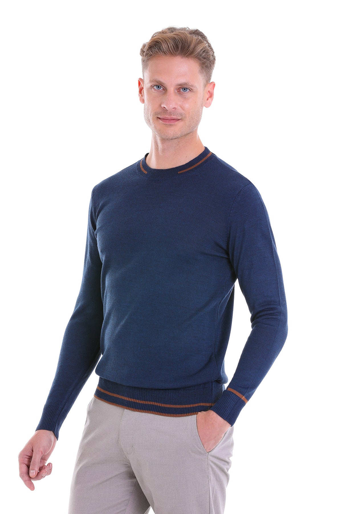 Comfort Fit Wool Blend Indigo Crewneck Sweater - SAYKI