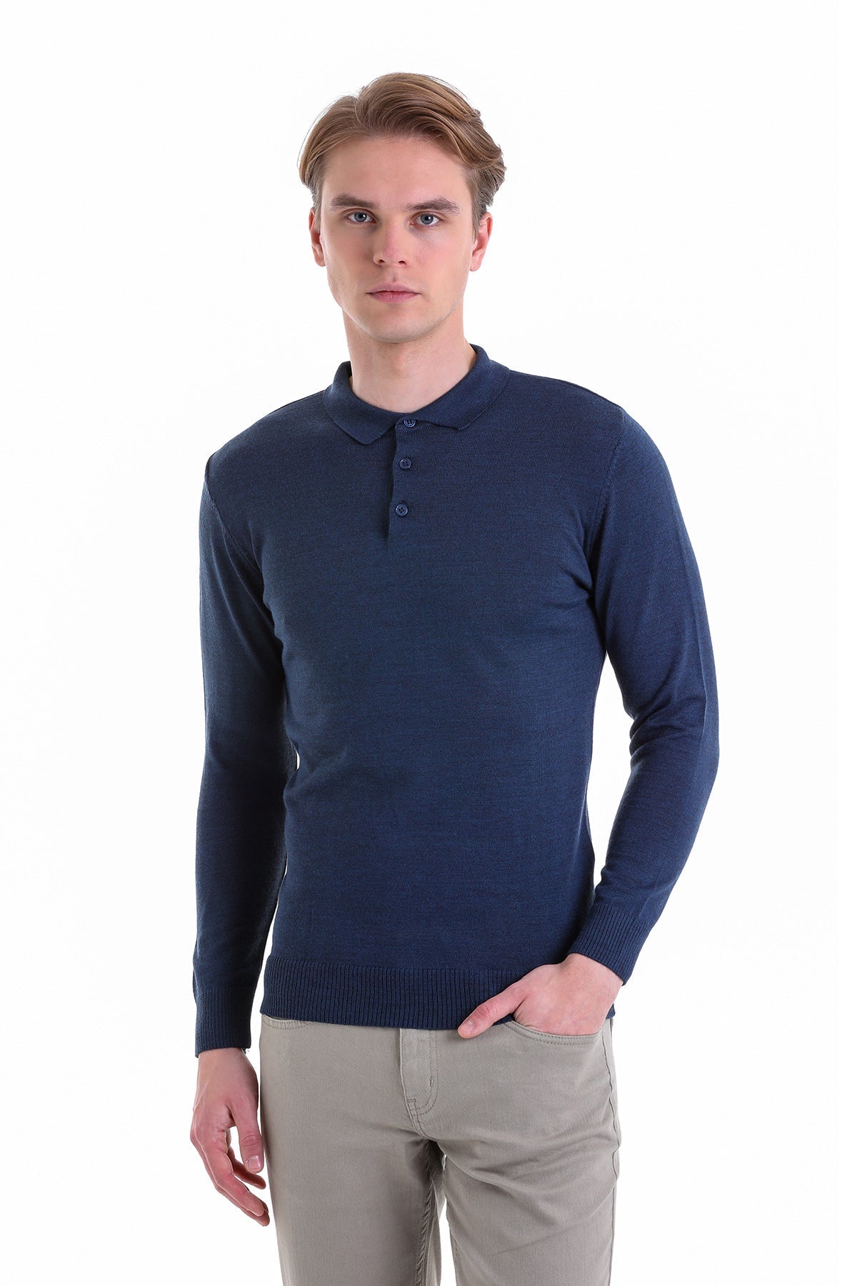 Comfort Fit Wool Blend Indigo Polo Sweater - MIB