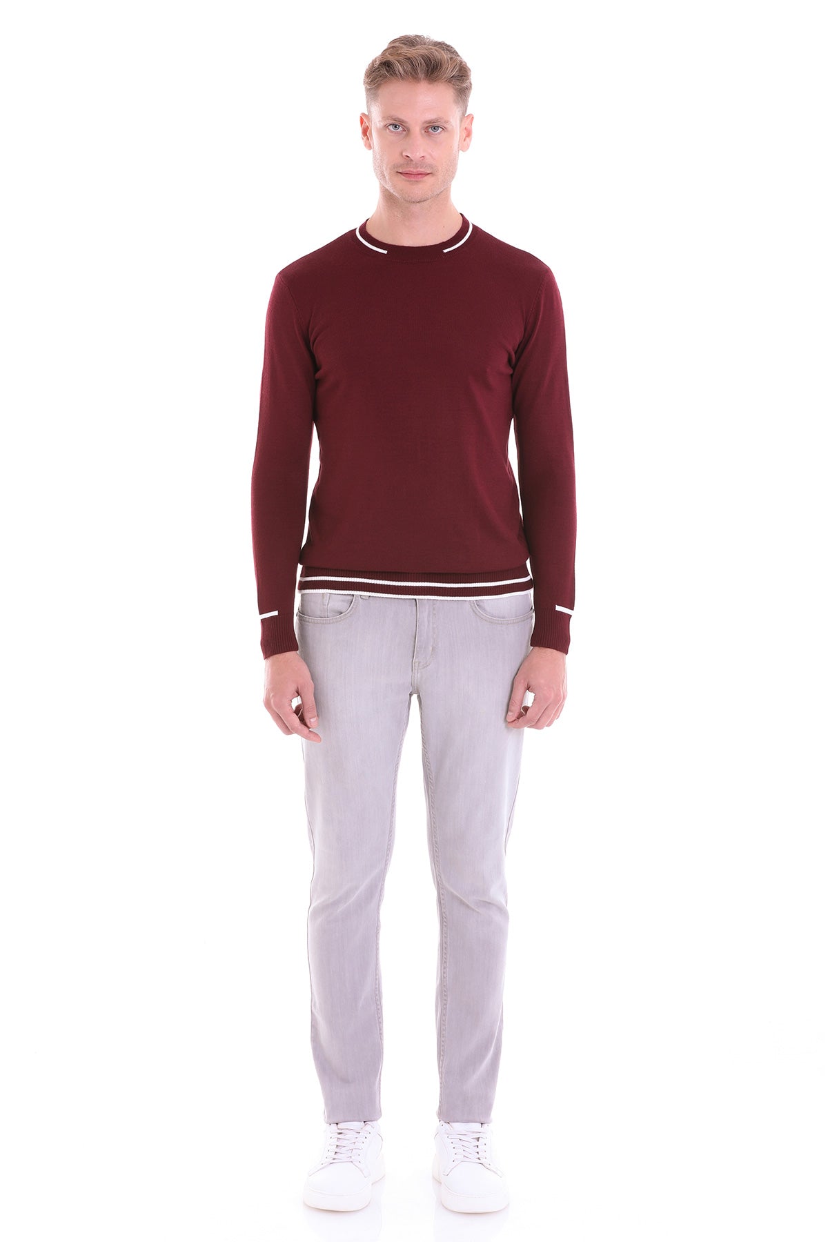 Comfort Fit Wool Blend Light Burgundy Crewneck Sweater