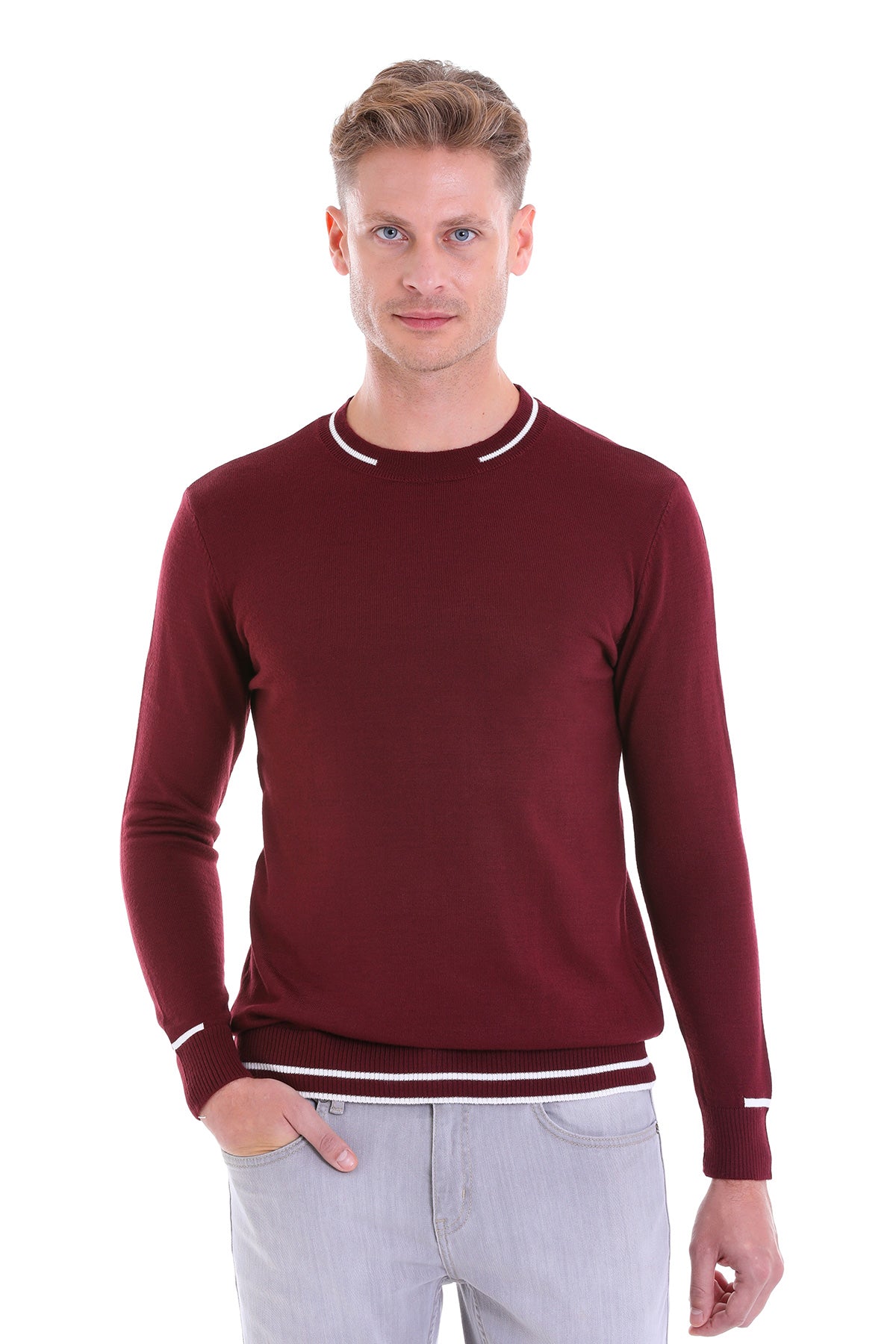 Comfort Fit Wool Blend Light Burgundy Crewneck Sweater