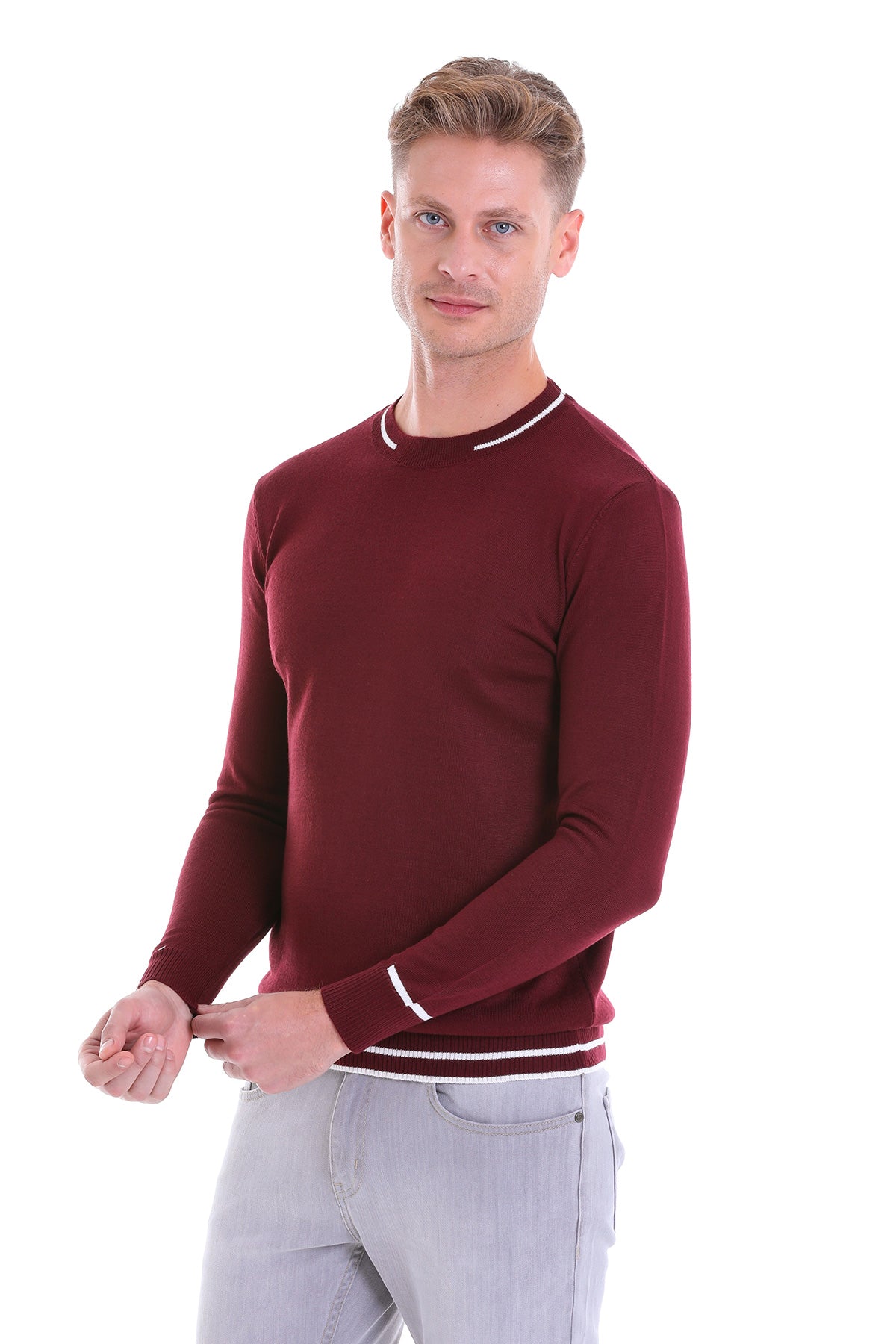 Comfort Fit Wool Blend Light Burgundy Crewneck Sweater