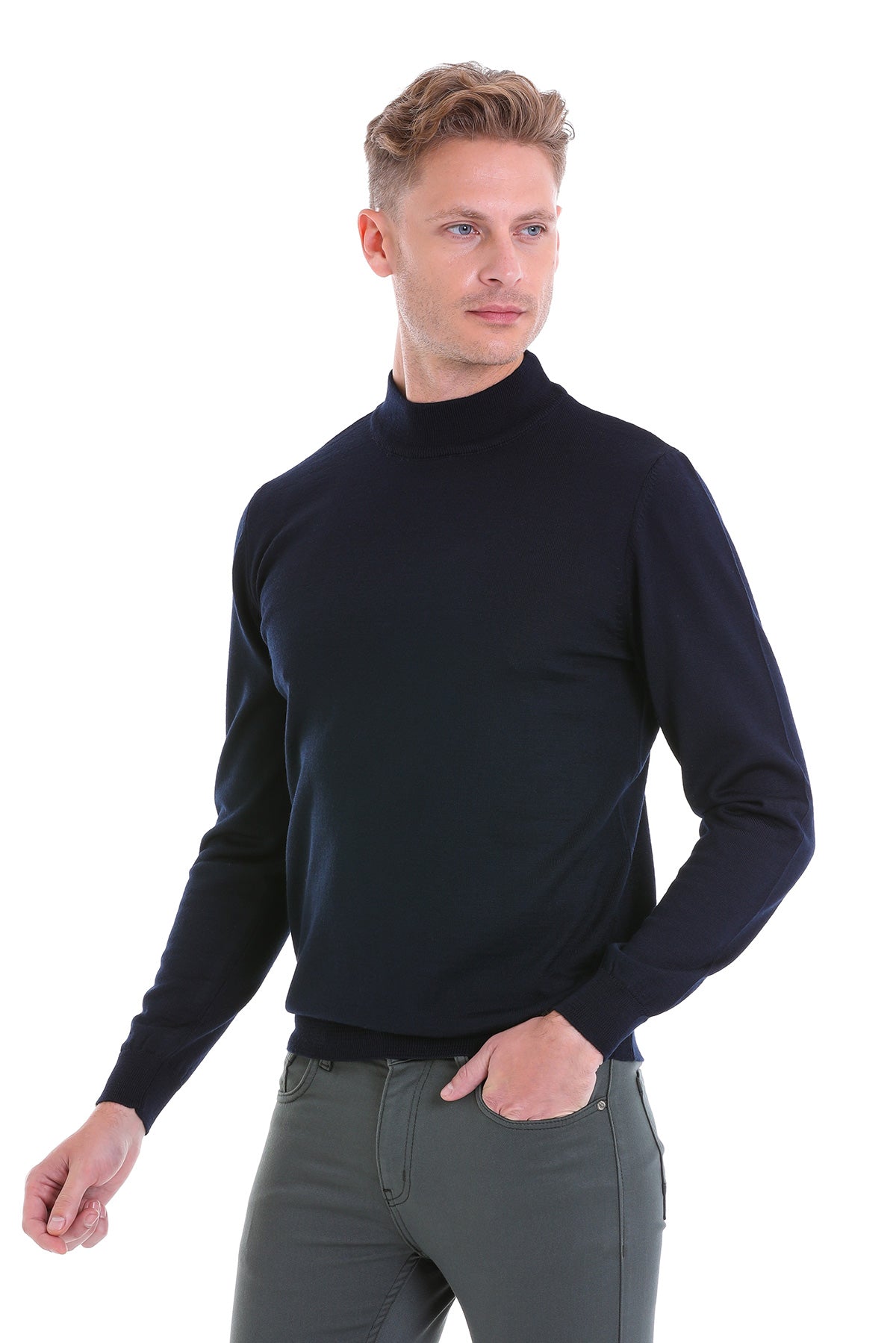 Comfort Fit Wool Blend Navy Mock Neck Sweater - SAYKI