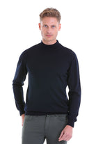 Comfort Fit Wool Blend Navy Mock Neck Sweater - SAYKI