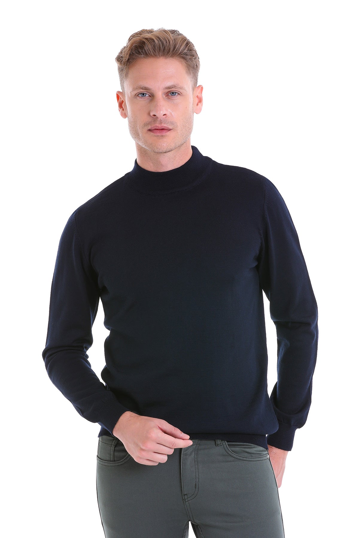 Comfort Fit Wool Blend Navy Mock Neck Sweater - SAYKI