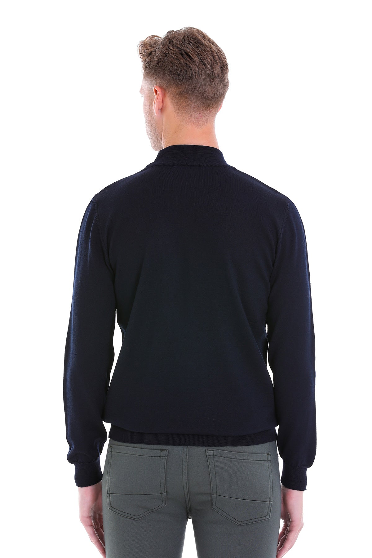 Comfort Fit Wool Blend Navy Mock Neck Sweater - SAYKI