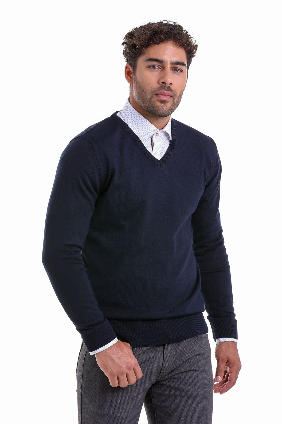 Comfort Fit Wool Blend Navy V-Neck Sweater - MIB