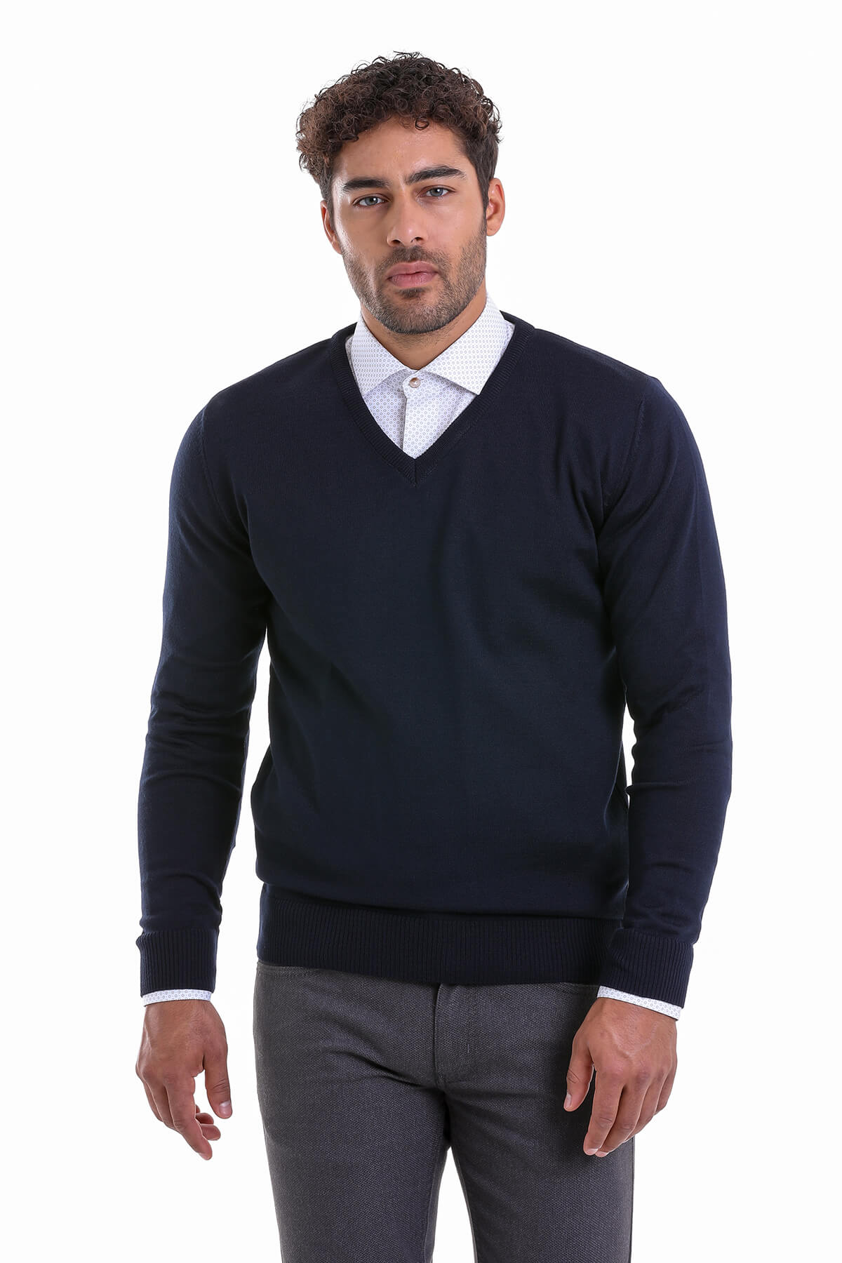 Comfort Fit Wool Blend Navy V-Neck Sweater - MIB