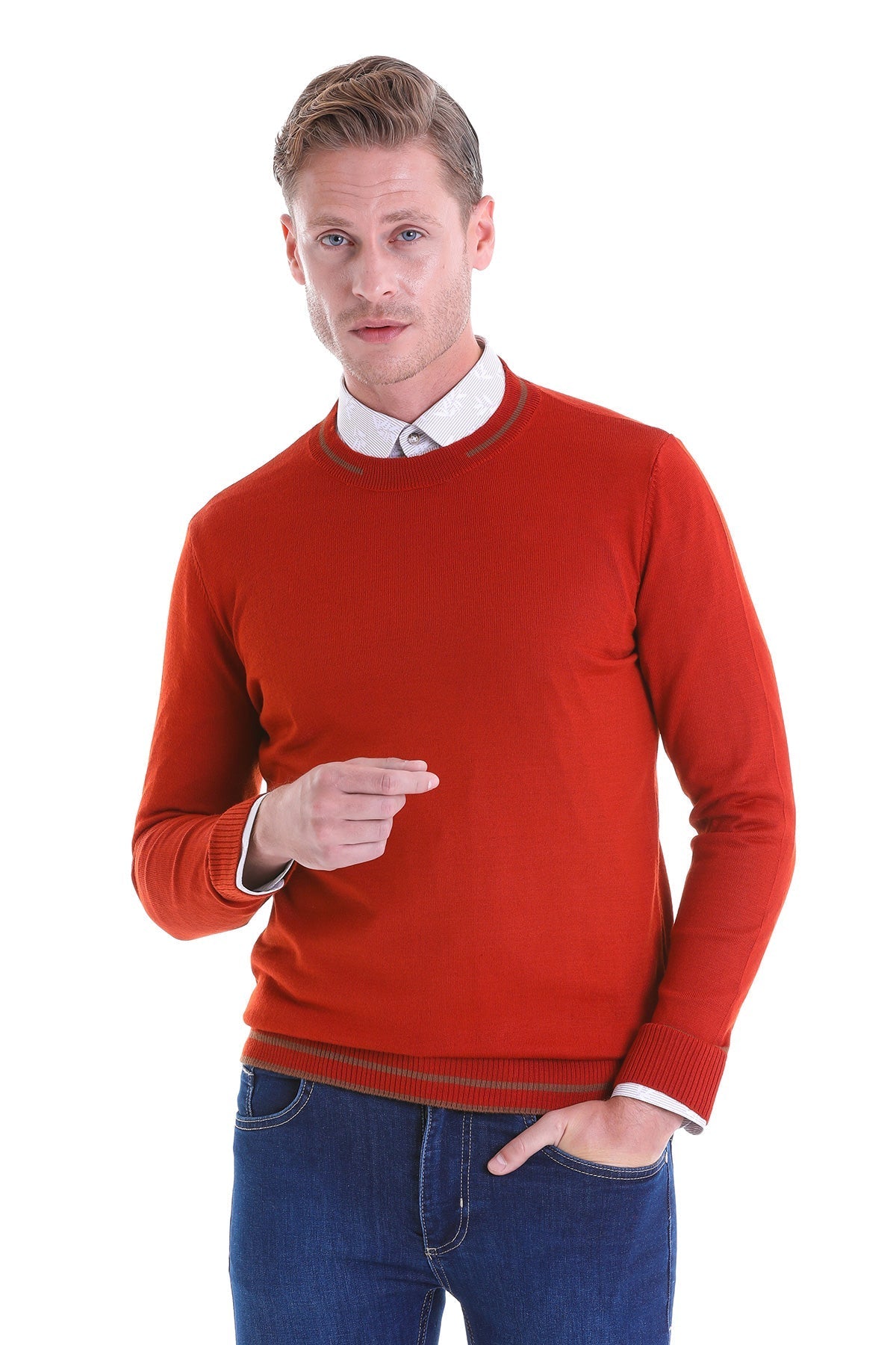 Comfort Fit Wool Blend Orange Crewneck Sweater - SAYKI