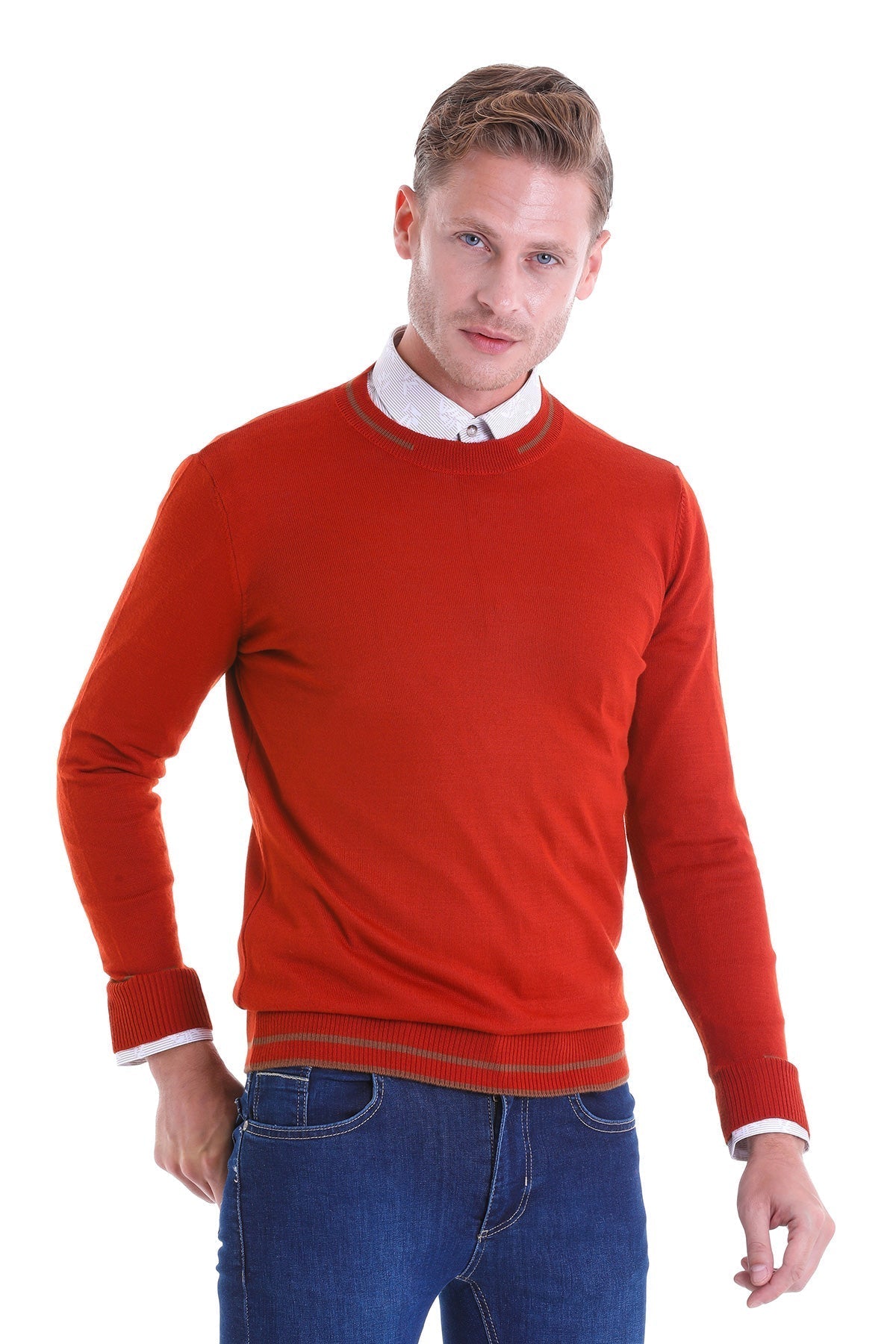 Comfort Fit Wool Blend Orange Crewneck Sweater - SAYKI