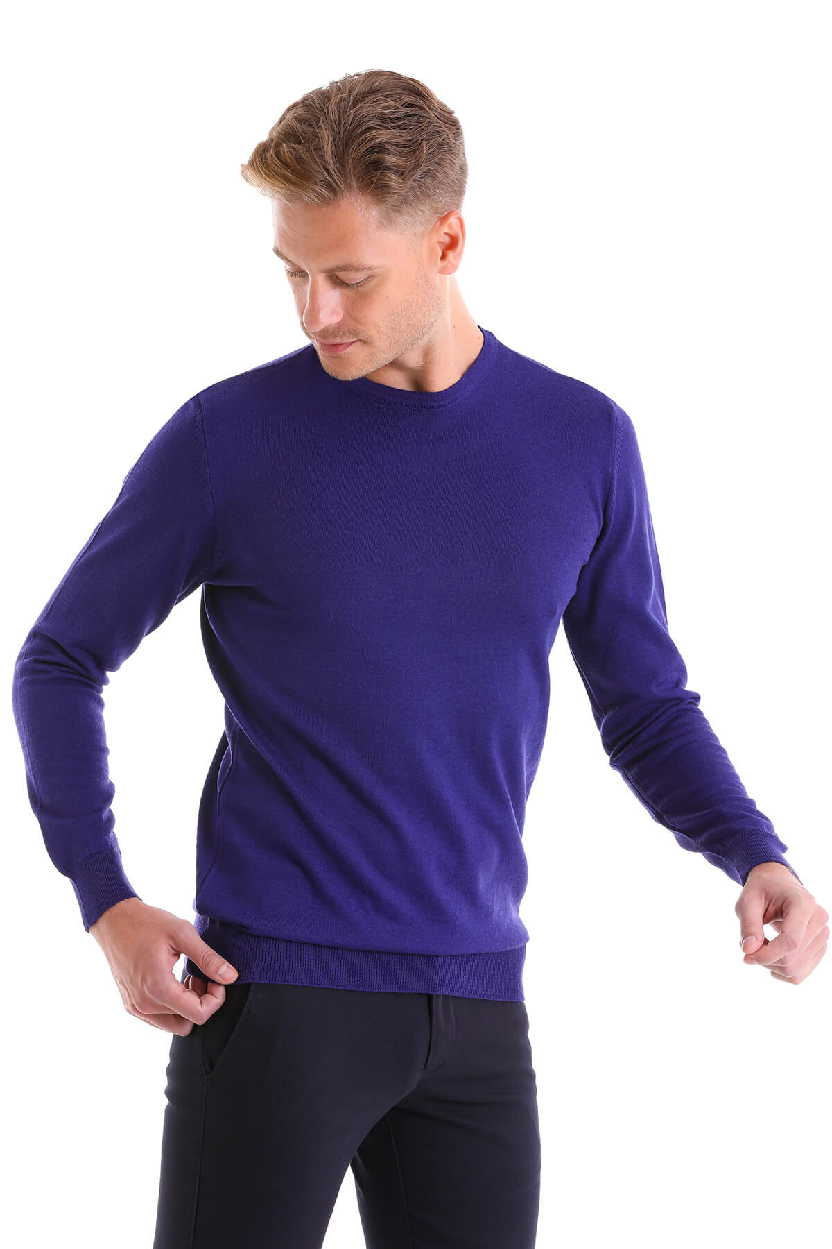 Comfort Fit Wool Blend Sax Blue Crewneck Sweater - MIB