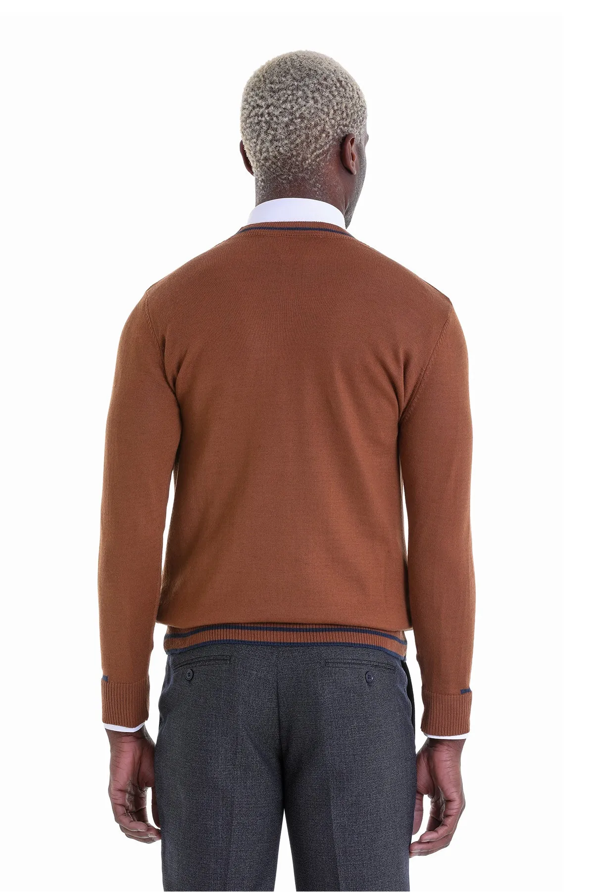 Comfort Fit Wool Blend Tobacco Crewneck Sweater - SAYKI