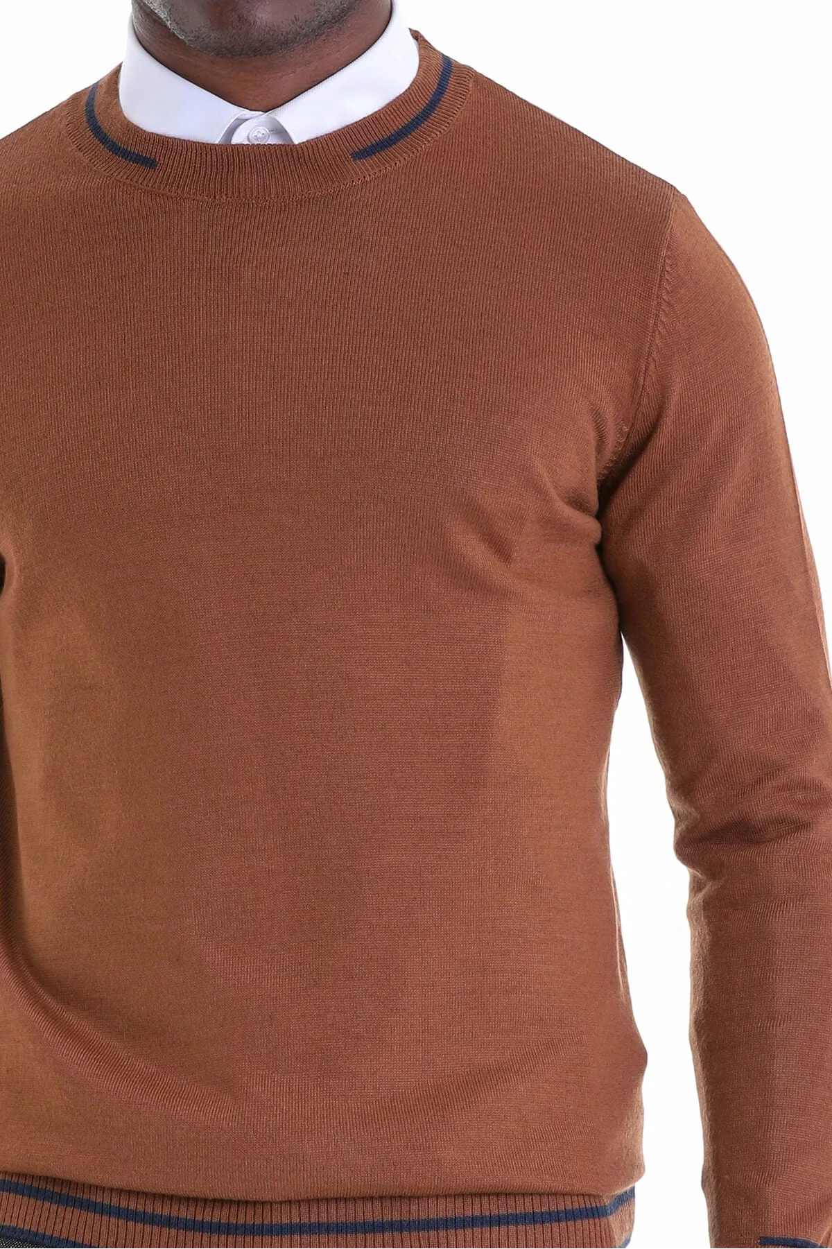 Comfort Fit Wool Blend Tobacco Crewneck Sweater - SAYKI