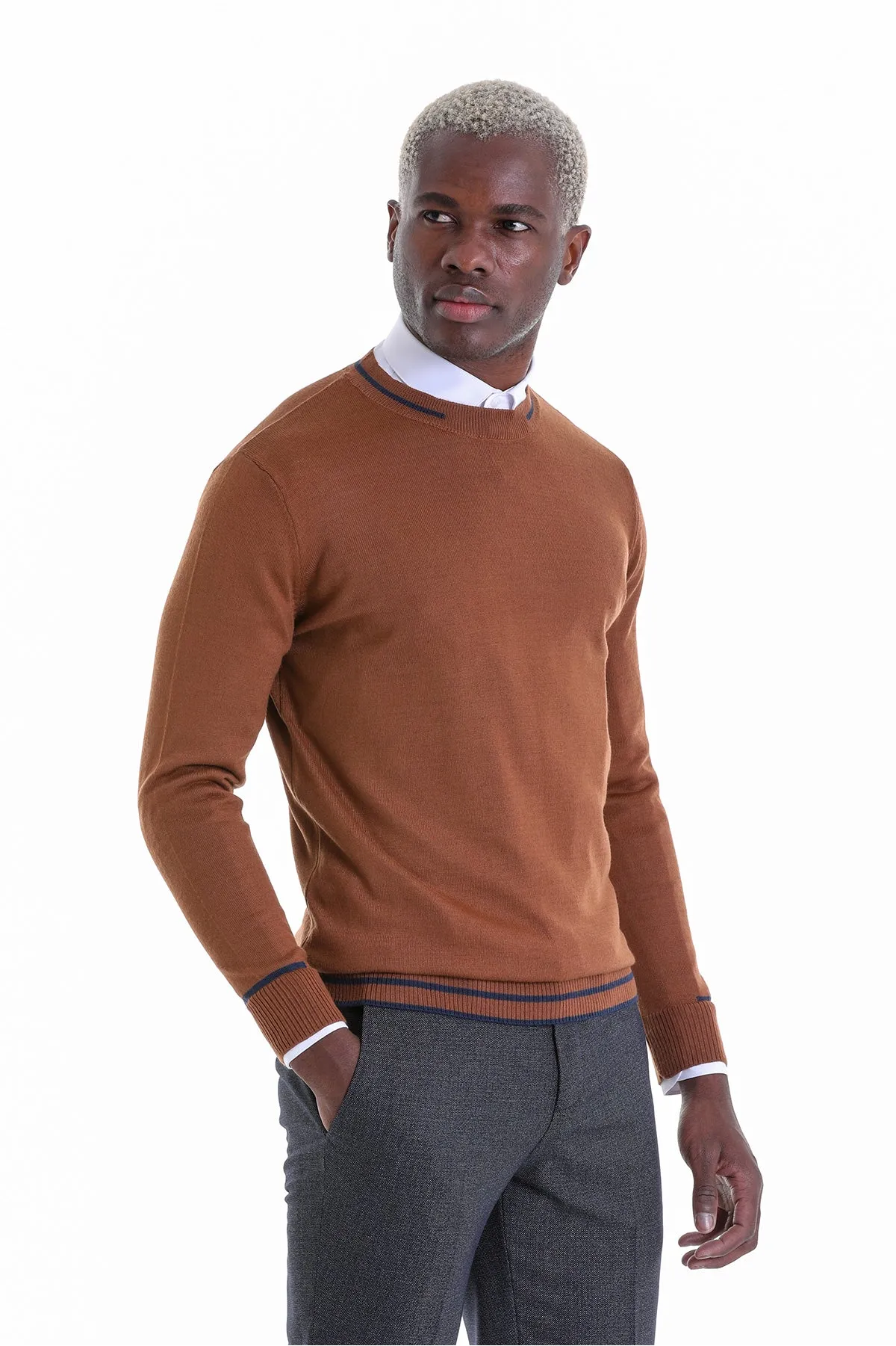 Comfort Fit Wool Blend Tobacco Crewneck Sweater - SAYKI