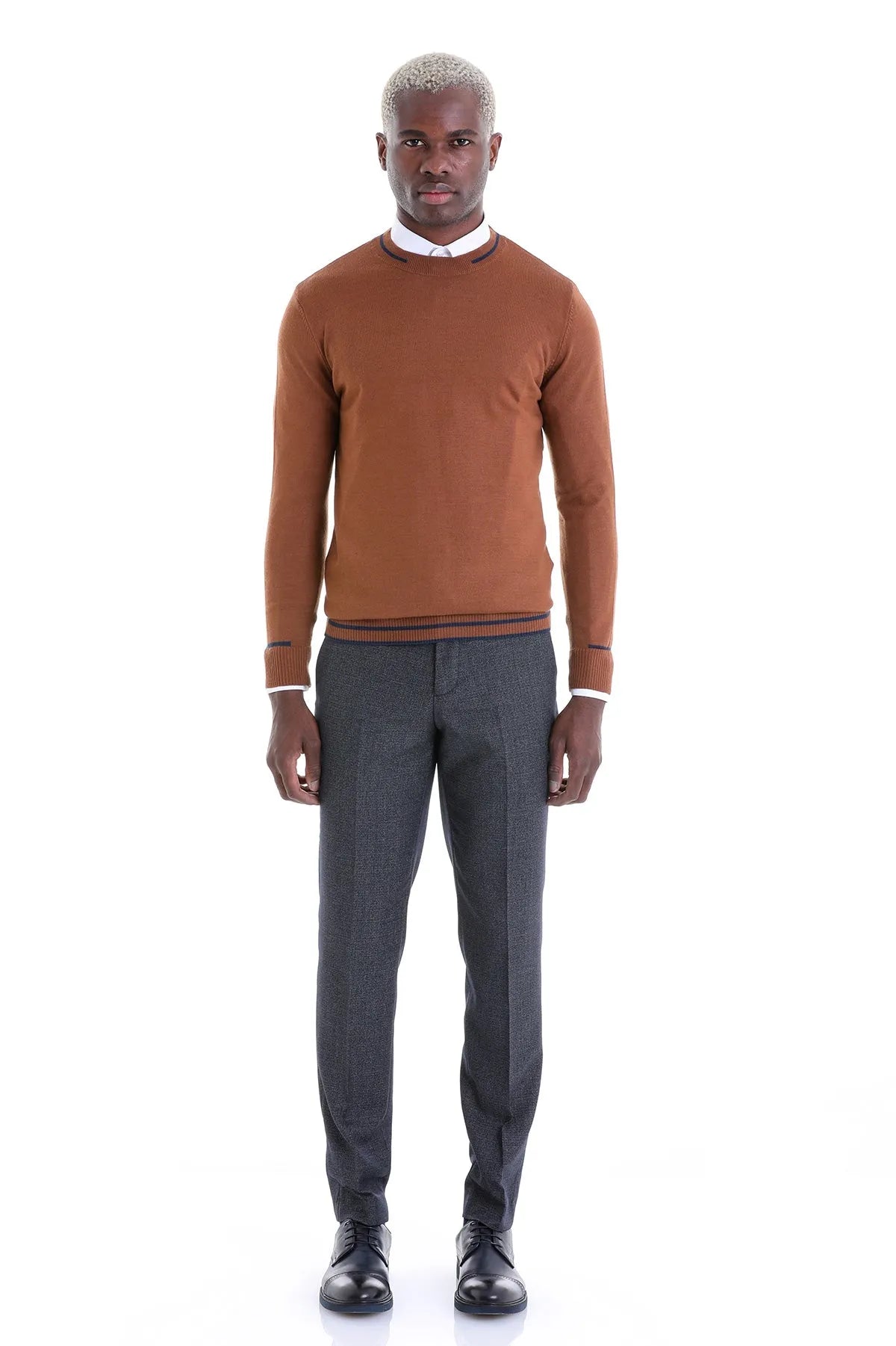 Comfort Fit Wool Blend Tobacco Crewneck Sweater - SAYKI