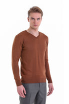 Comfort Fit Wool Blend Tobacco V-Neck Sweater - MIB