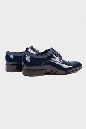 Navy Patent Leather Lace-Up Cap Toe Tuxedo Shoes - MIB