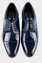 Navy Patent Leather Lace-Up Cap Toe Tuxedo Shoes - MIB