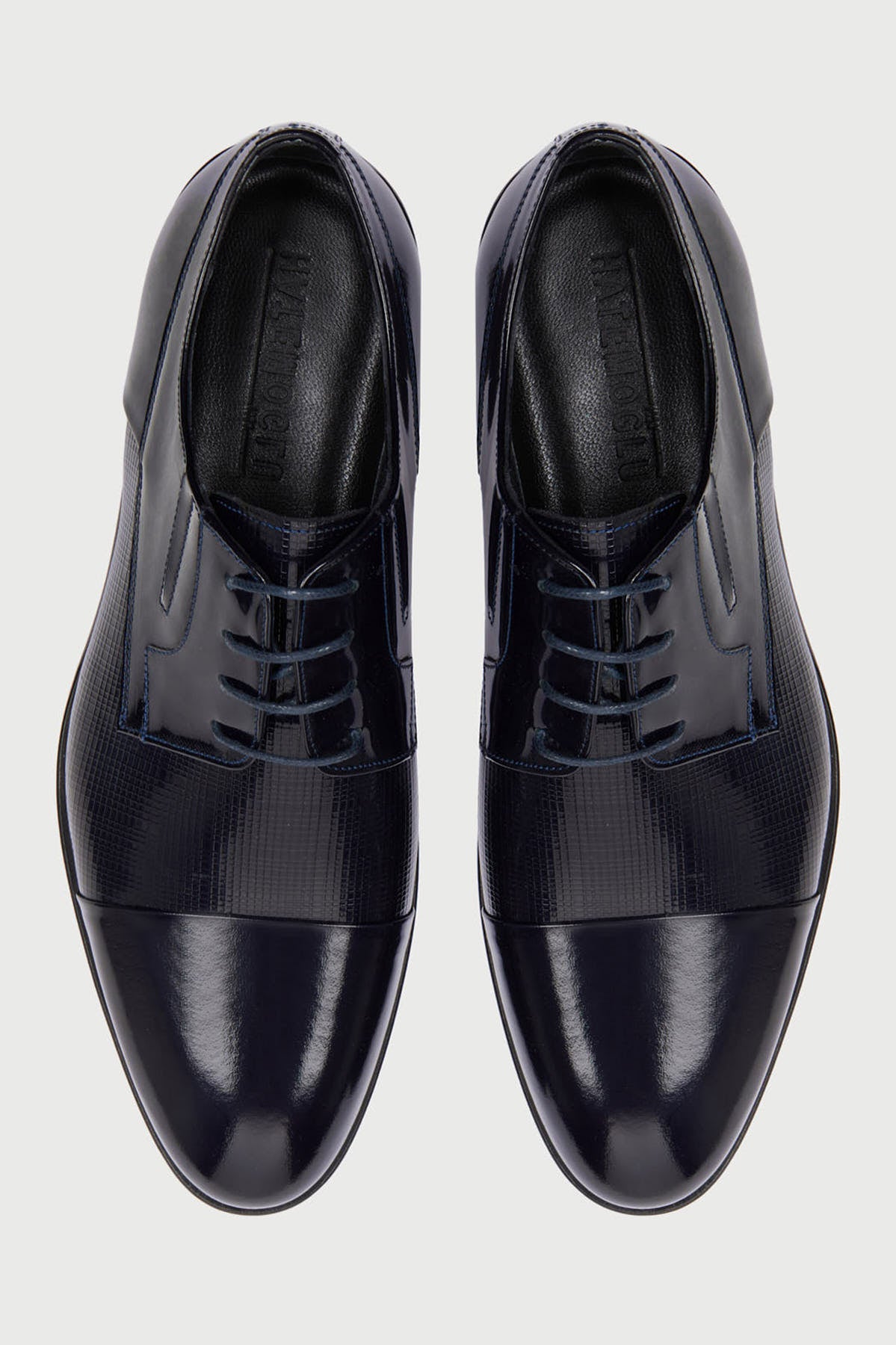 Navy Patent Leather Lace-Up Textured Tuxedo Shoes - MIB