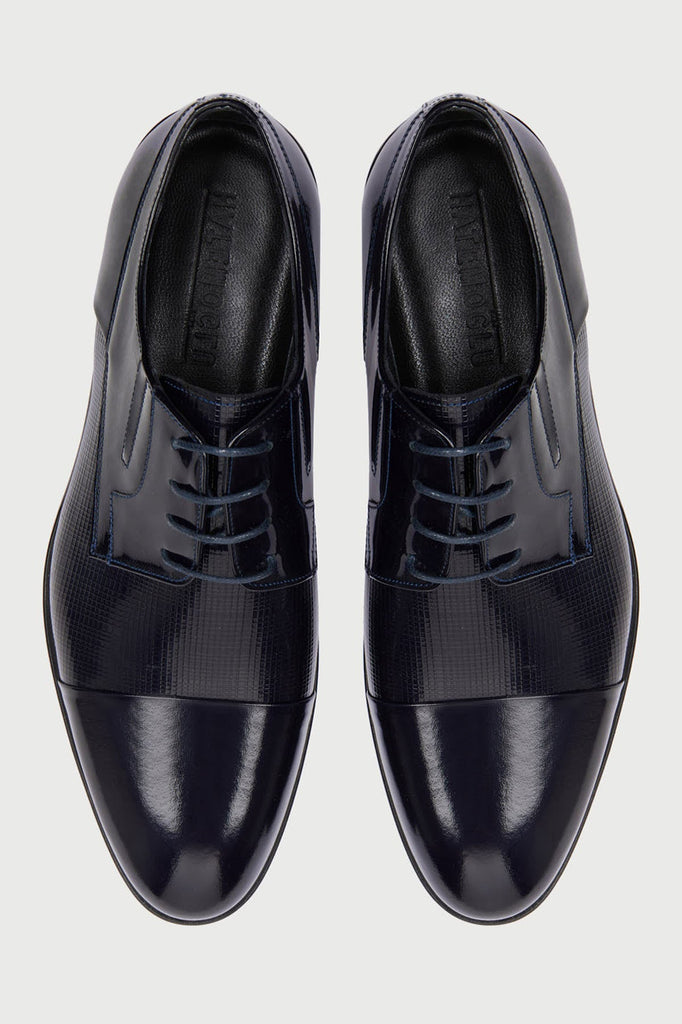 Navy Patent Patent Leather Lace-Up Tuxedo Shoes - MIB