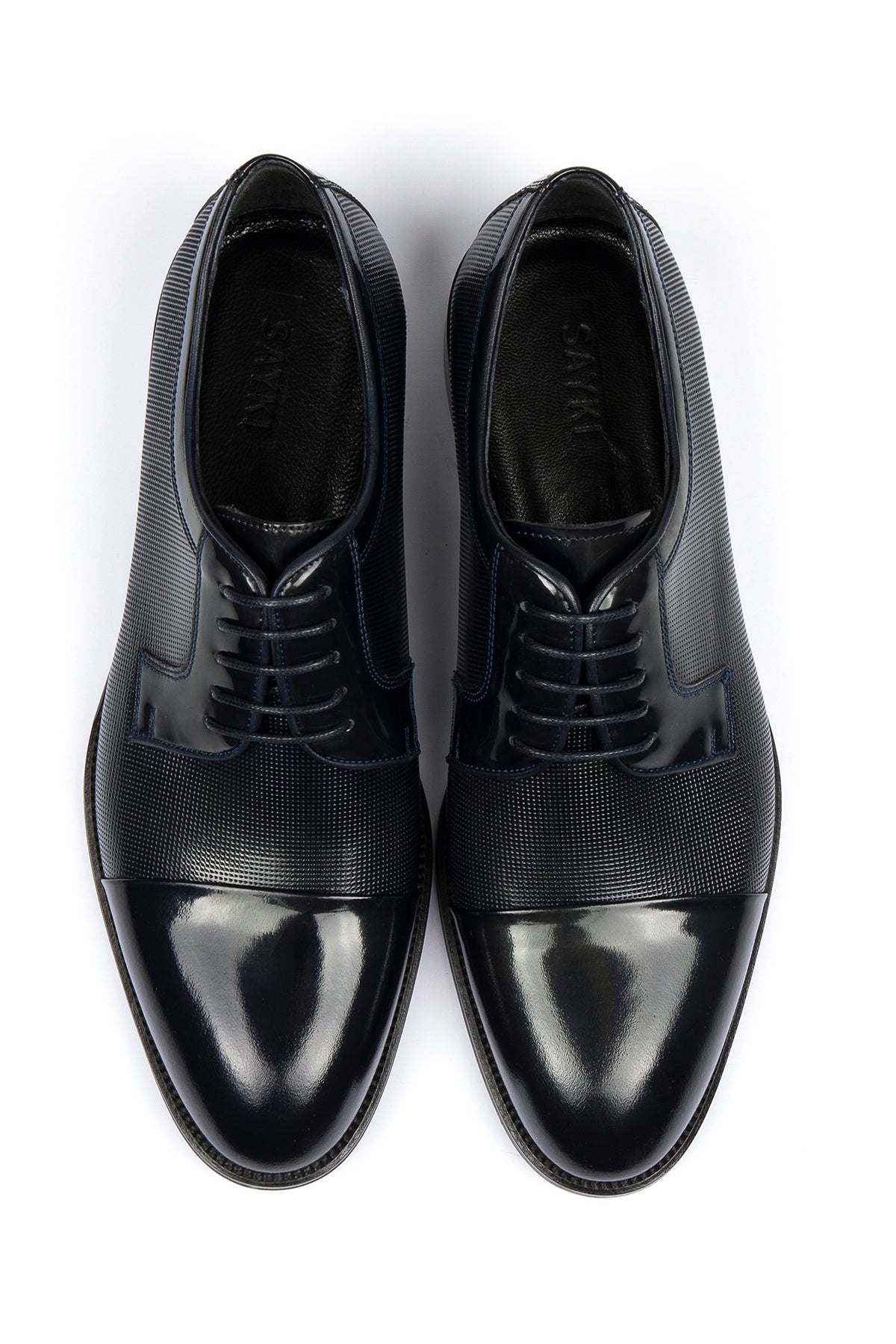 Navy Patent Leather Lace-Up Tuxedo Shoes - MIB