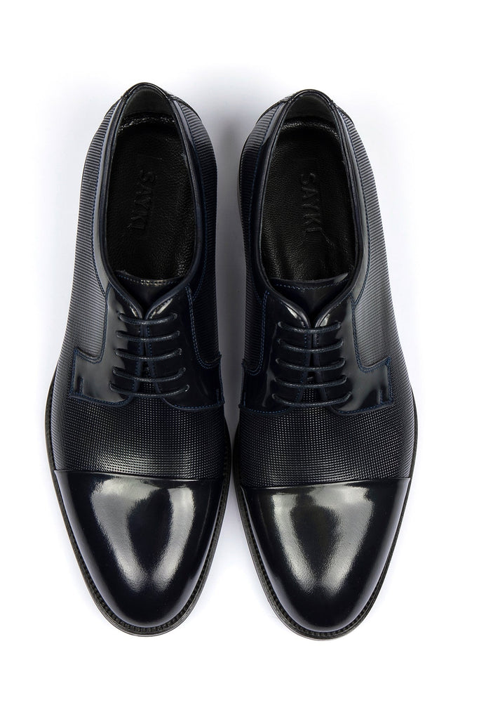 Navy Patent Patent Leather Lace-Up Tuxedo Shoes - MIB