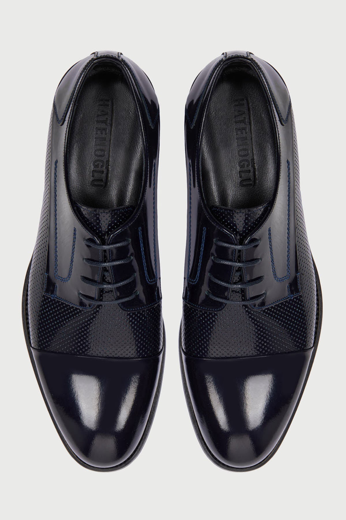 Navy Patent Leather Perforated Lace-Up Tuxedo Shoes - MIB